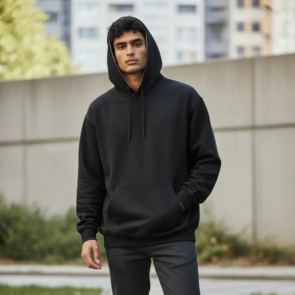 Kenpo Men XL Solid Black Pullover Hoodie Sweatshirt Fleece Gray Hood Lining Flaw